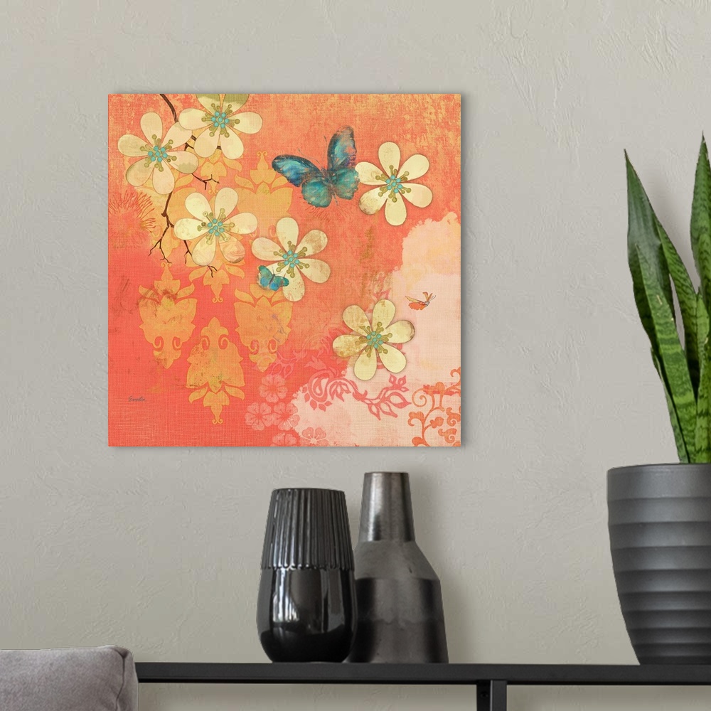 A modern room featuring Coral Large Cream Multi Blossoms Butterfly