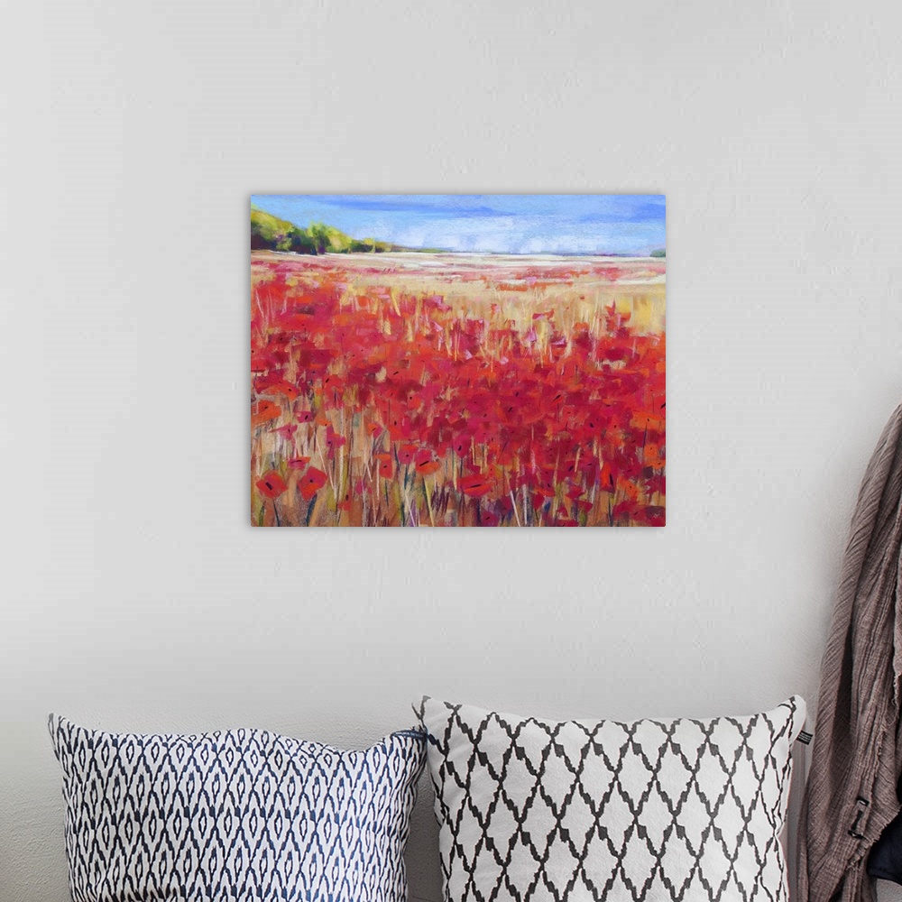 A bohemian room featuring This contemporary painting of wildflowers in an endless field makes a great addition to any wall.