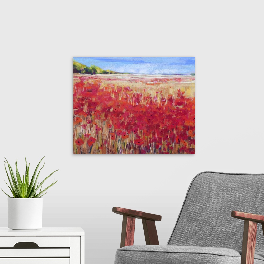 A modern room featuring This contemporary painting of wildflowers in an endless field makes a great addition to any wall.