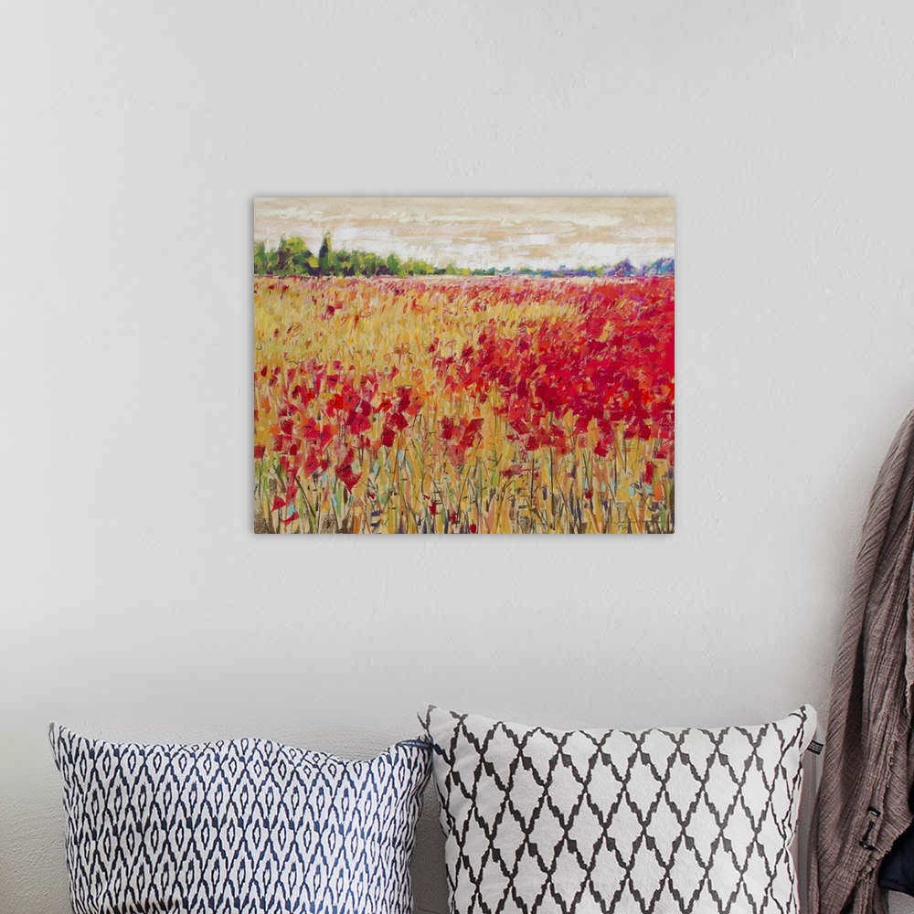 A bohemian room featuring Contemporary landscape painting of a field of bright red poppies and contrasting yellow corn in t...