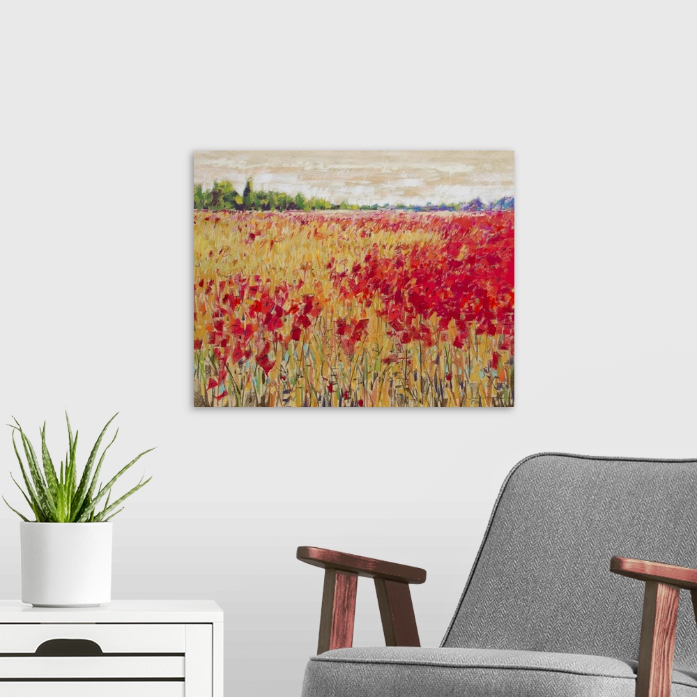 A modern room featuring Contemporary landscape painting of a field of bright red poppies and contrasting yellow corn in t...