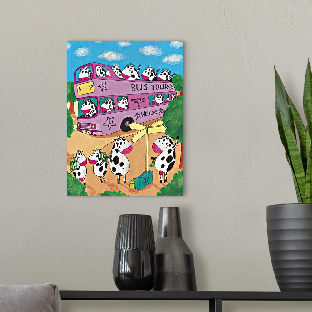 A modern room featuring Cows take a trip on the bus. Illustrated wall art by artist Carla Daly.