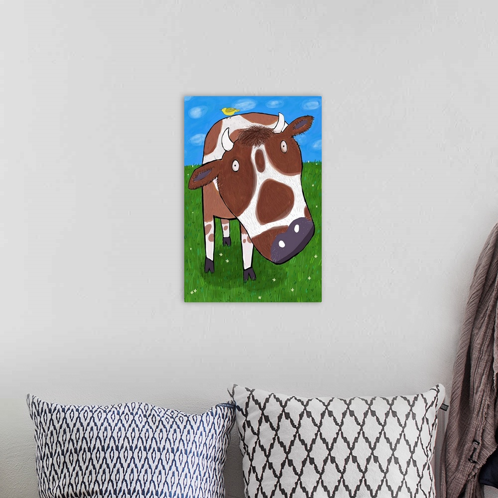 A bohemian room featuring Close up of cow in field illustrated by artist Carla Daly.