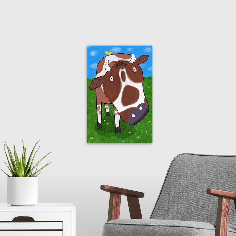 A modern room featuring Close up of cow in field illustrated by artist Carla Daly.