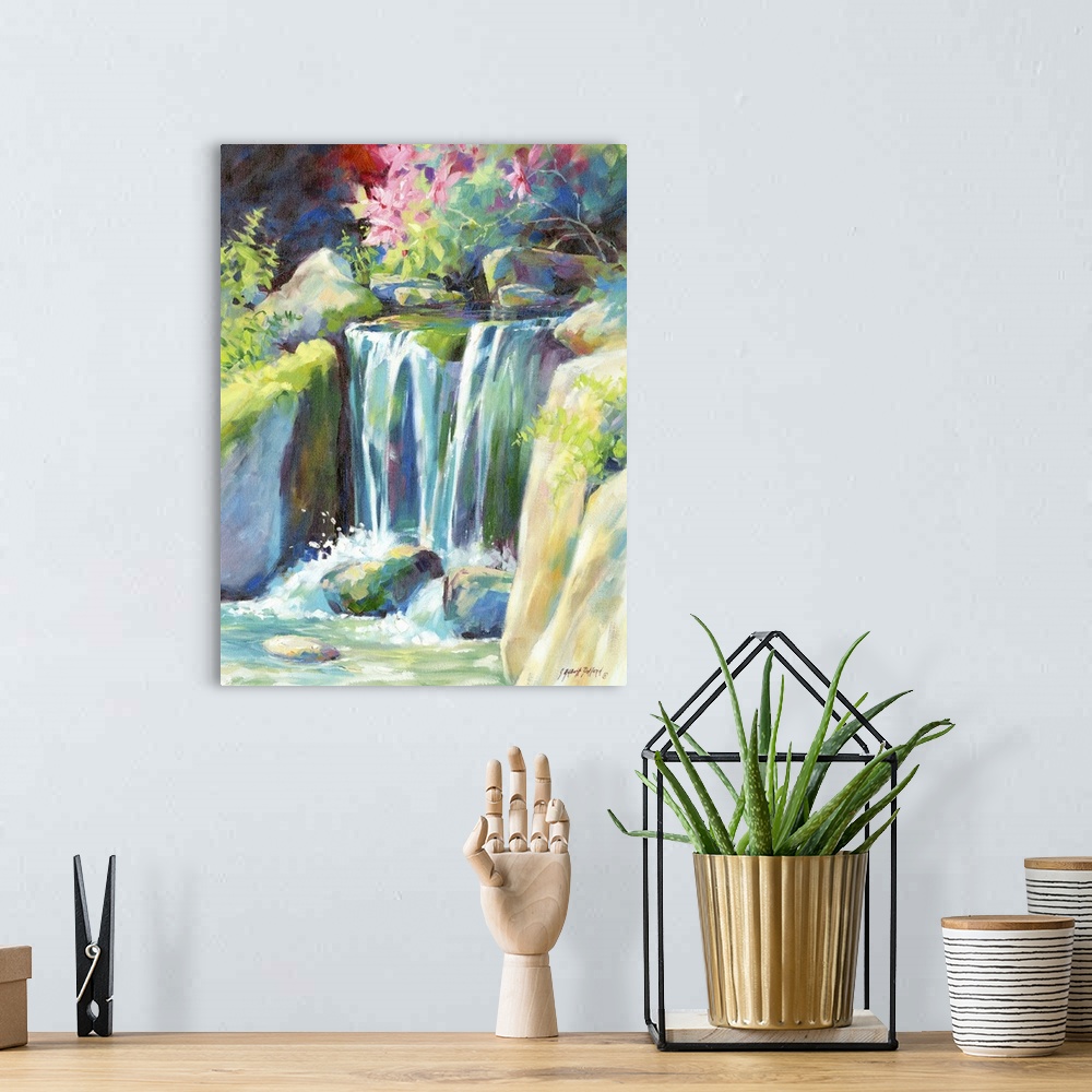 A bohemian room featuring Contemporary watercolor painting of a small waterfall rushing down over rocks.