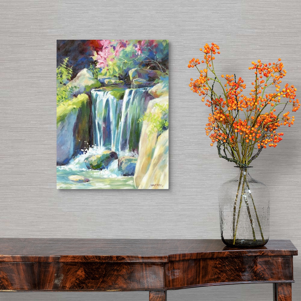 A traditional room featuring Contemporary watercolor painting of a small waterfall rushing down over rocks.