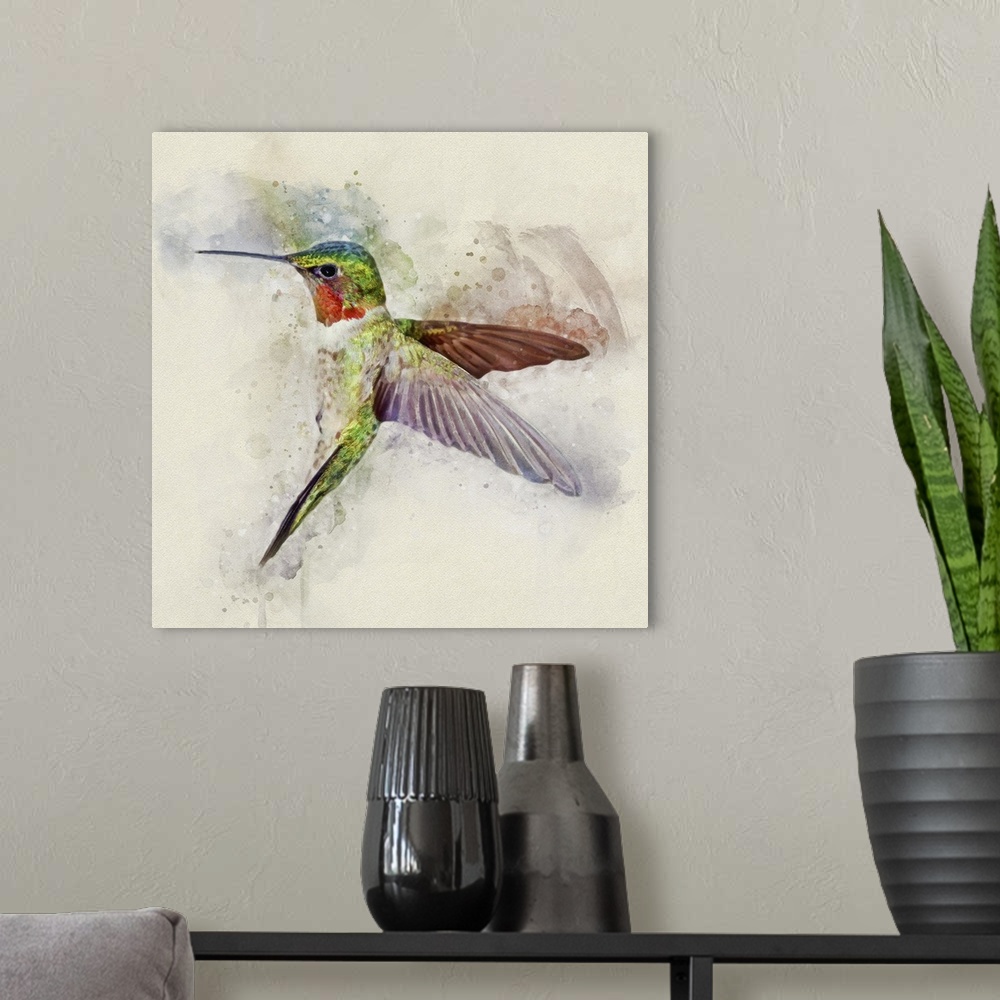 A modern room featuring A Ruby-throated Hummingbird in mid-flight.
