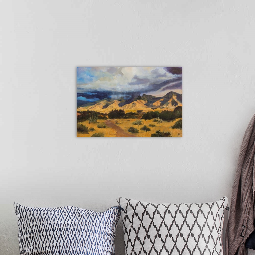 A bohemian room featuring Contemporary painting of an idyllic desert landscape with dark clouds hovering overhead.
