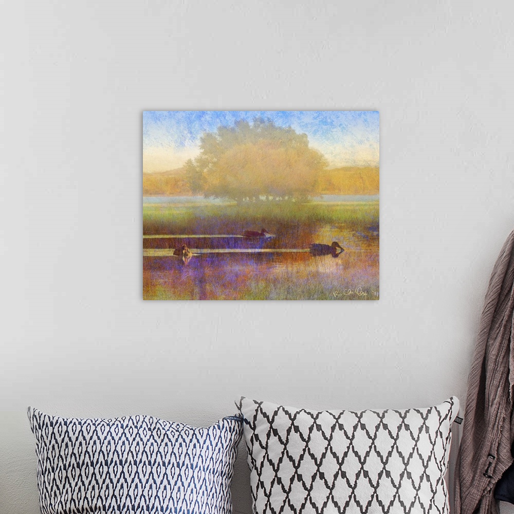 A bohemian room featuring Contemporary artwork of ducks on a countryside pond silhouetted in a morning mist.