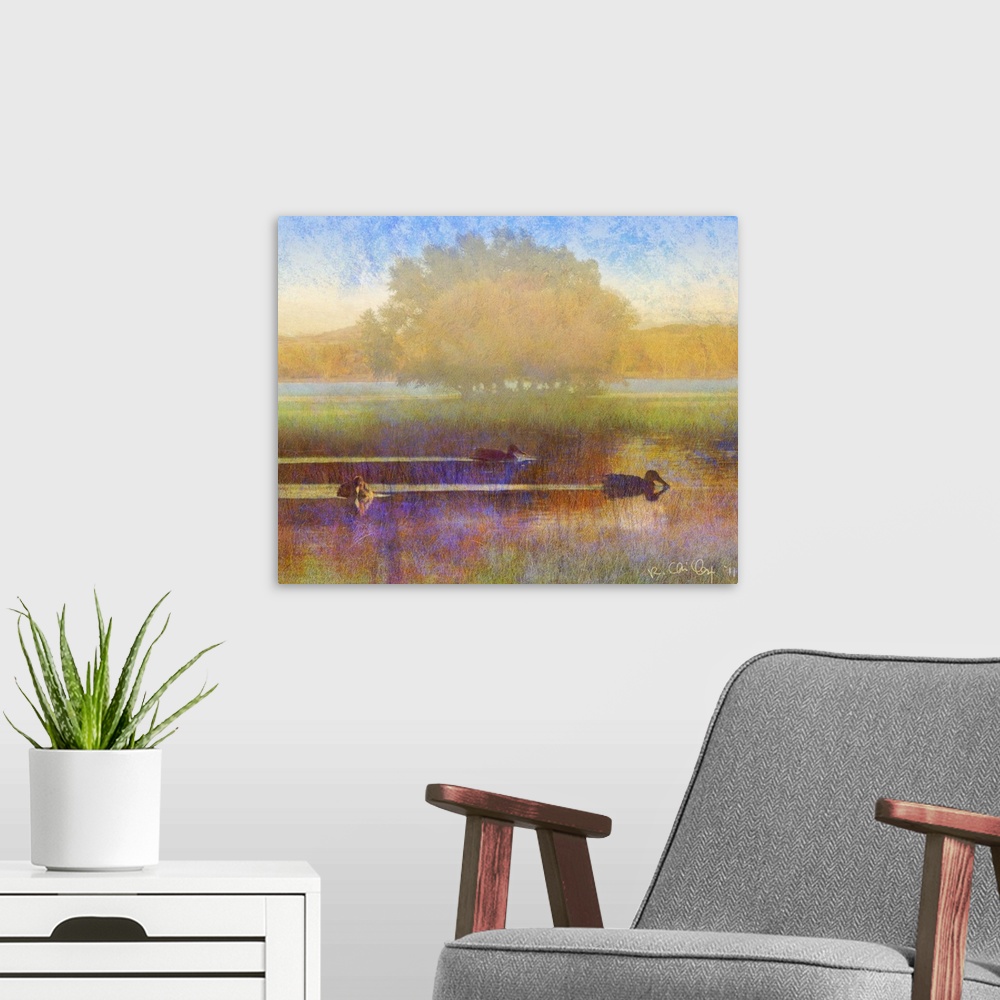 A modern room featuring Contemporary artwork of ducks on a countryside pond silhouetted in a morning mist.