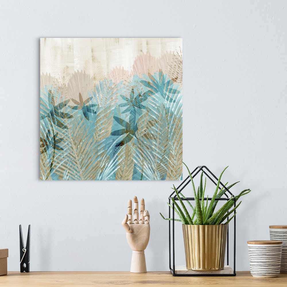 A bohemian room featuring Turquoise and dusty pink abstract palm leaves painting.