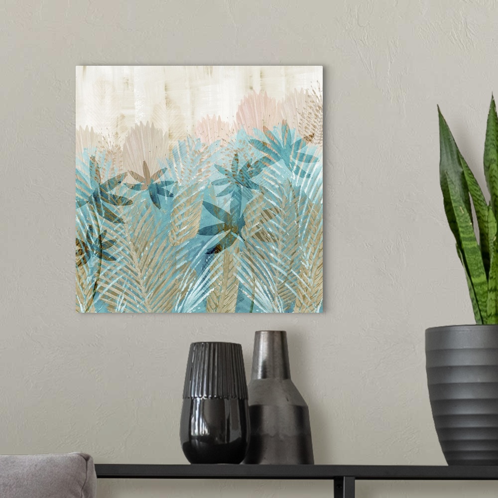 A modern room featuring Turquoise and dusty pink abstract palm leaves painting.