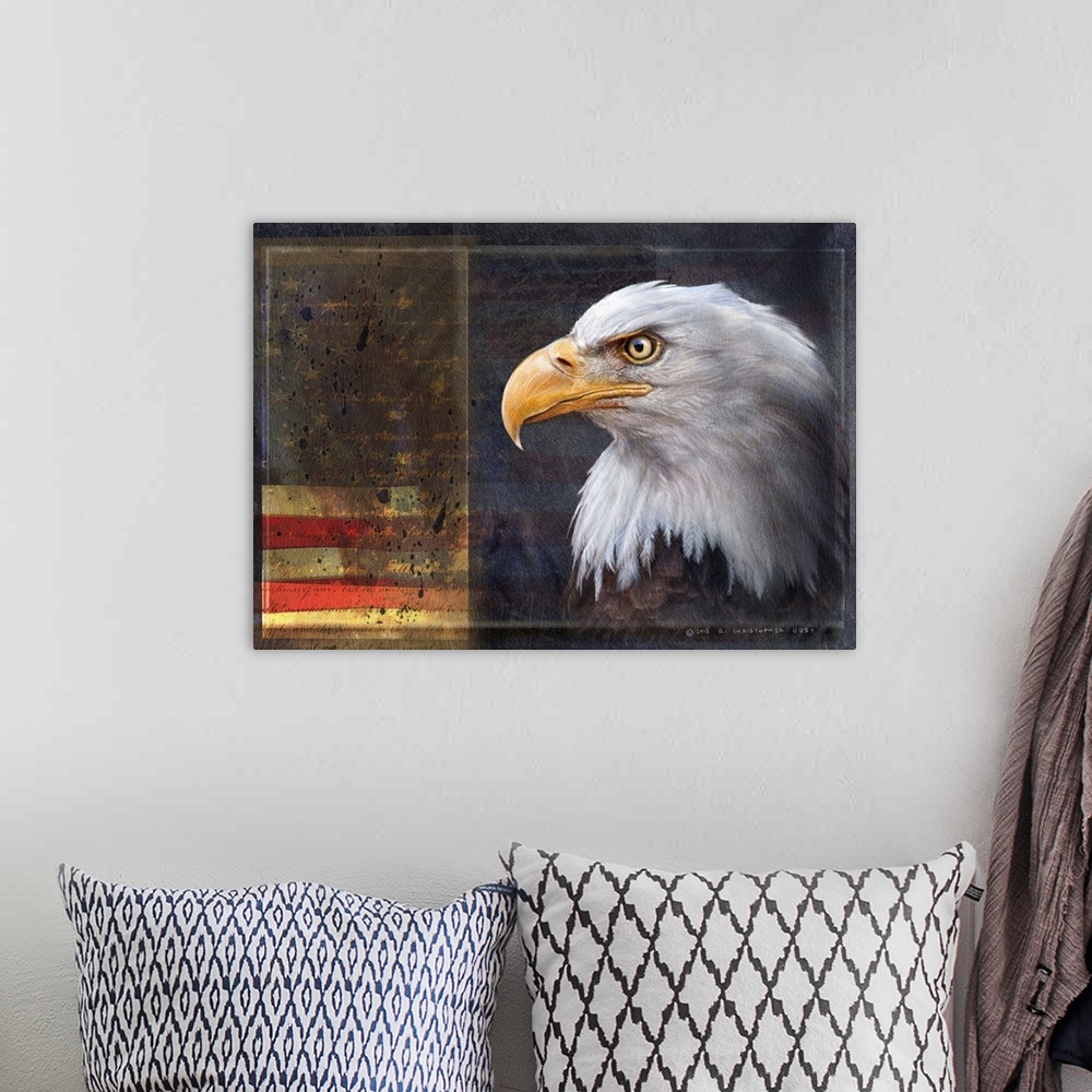 A bohemian room featuring Contemporary artwork of a portrait of an american bald eagle.