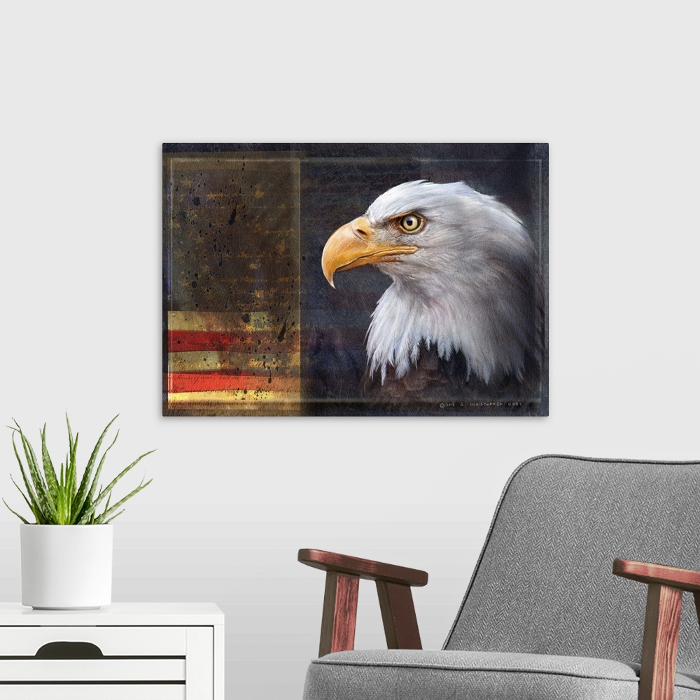 A modern room featuring Contemporary artwork of a portrait of an american bald eagle.