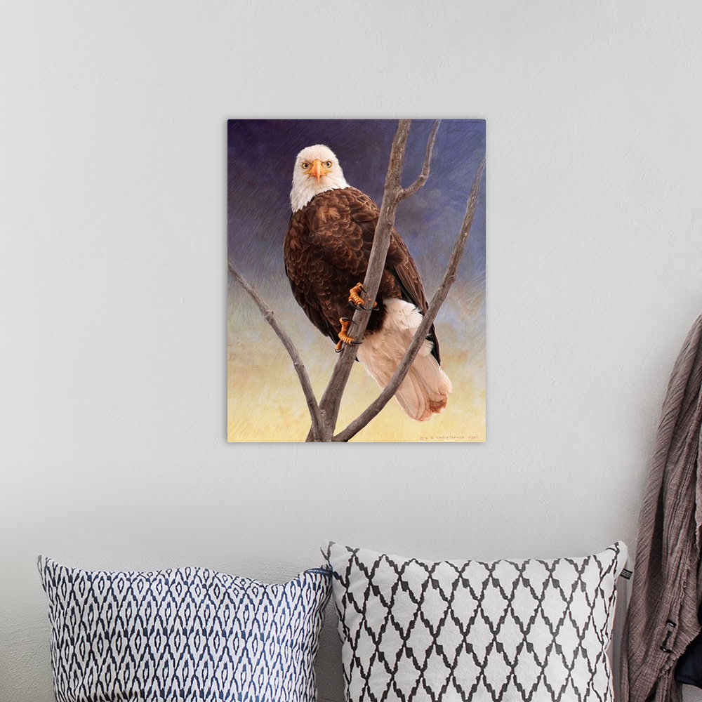 A bohemian room featuring Contemporary artwork of a bald eagle staring into the distance.