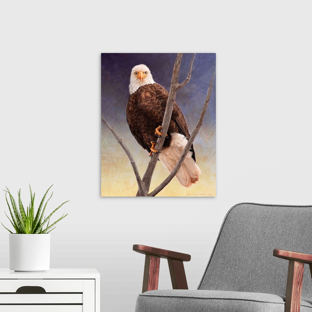 A modern room featuring Contemporary artwork of a bald eagle staring into the distance.