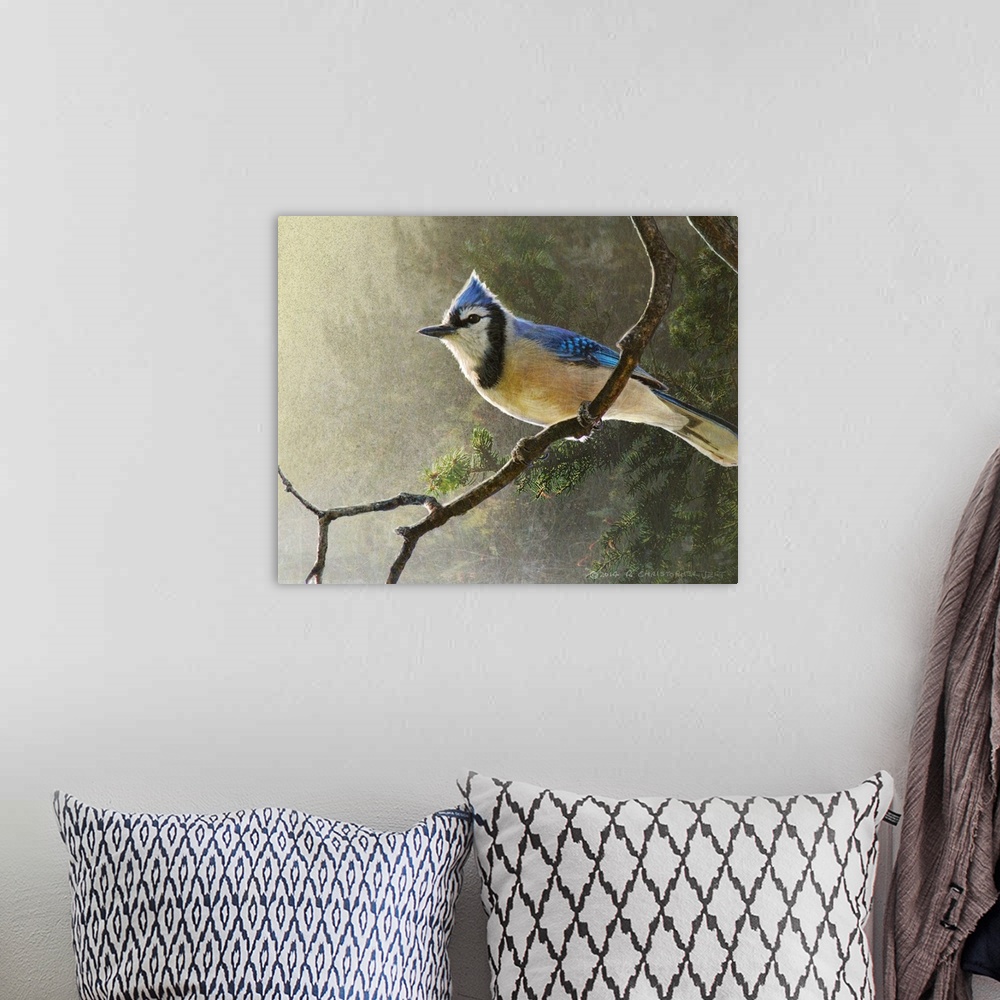 A bohemian room featuring Contemporary artwork of a blue jay perched on a tree branch.