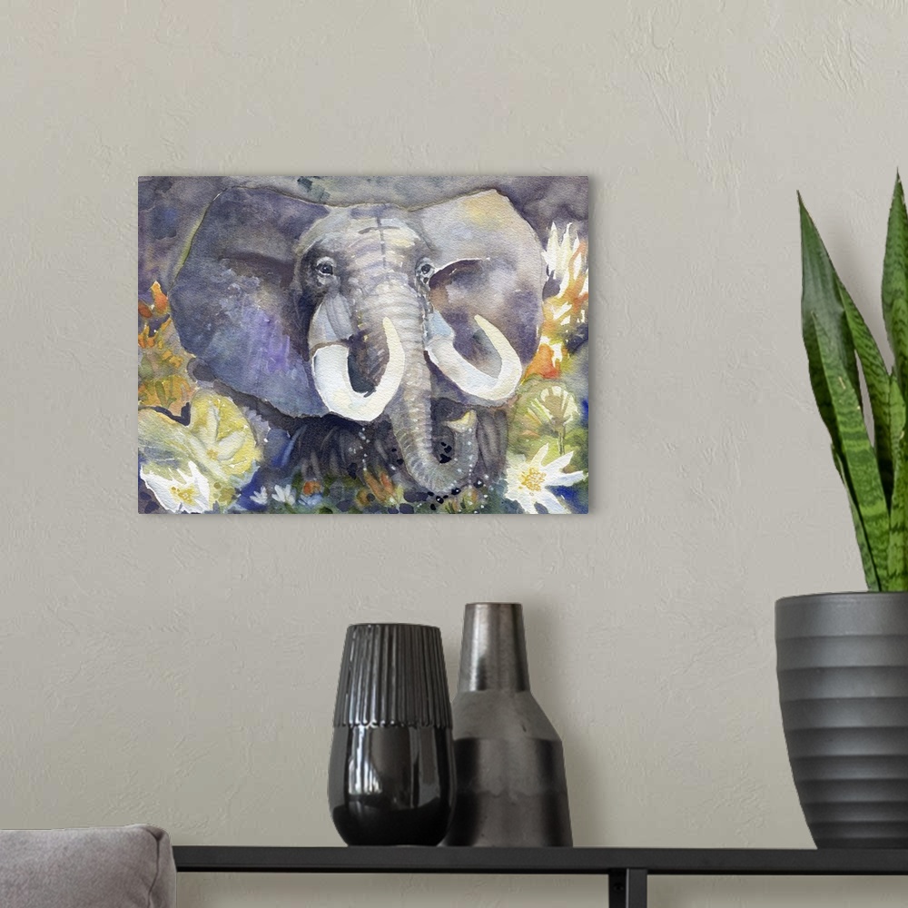 A modern room featuring Artwork of an African Elephant with large tusks surrounded by lotus flowers.