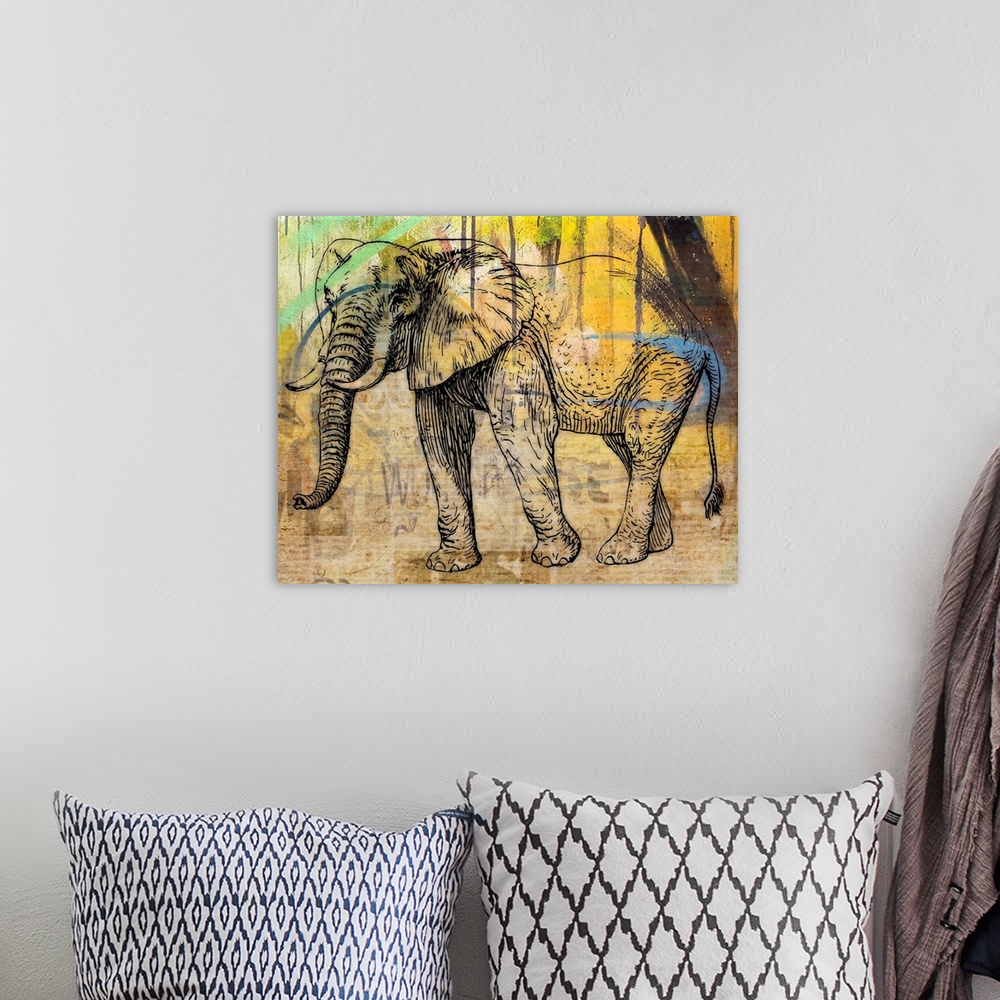 A bohemian room featuring Colourful vintage effect mixed media Elephant print.