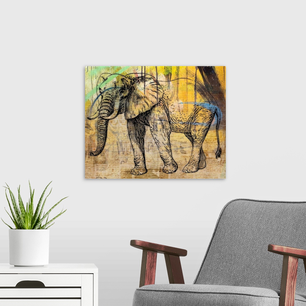 A modern room featuring Colourful vintage effect mixed media Elephant print.