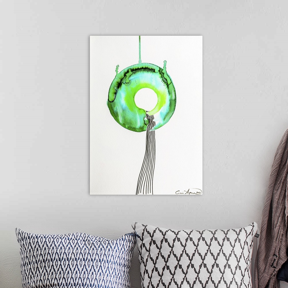 A bohemian room featuring A bright green enso, or circle seems to either be poised on, or pierced by a column of black cont...