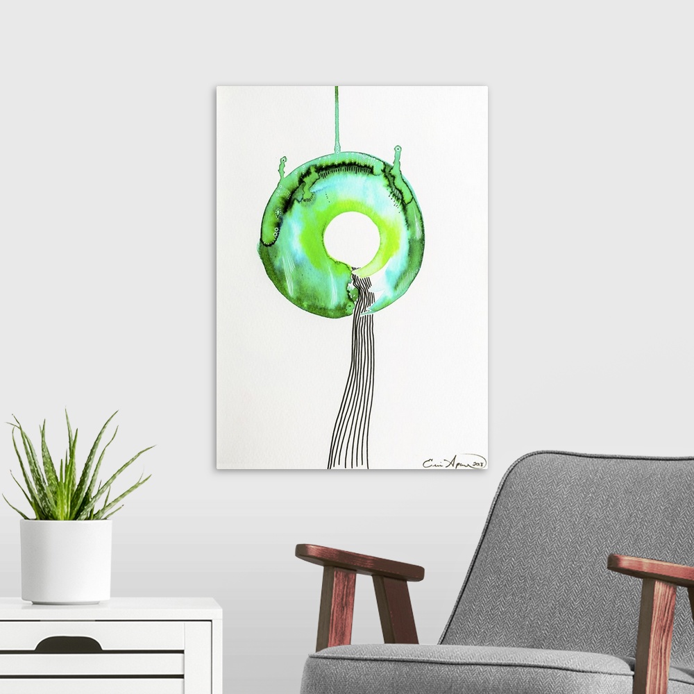 A modern room featuring A bright green enso, or circle seems to either be poised on, or pierced by a column of black cont...