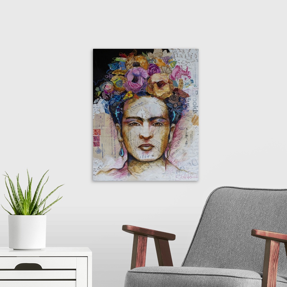A modern room featuring Frida Kahlo collage with floral head piece.