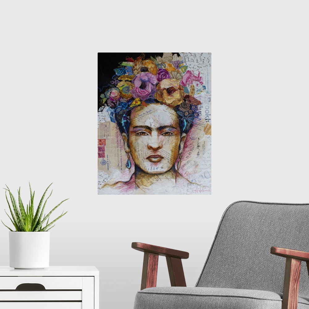 A modern room featuring Frida Kahlo collage with floral head piece.