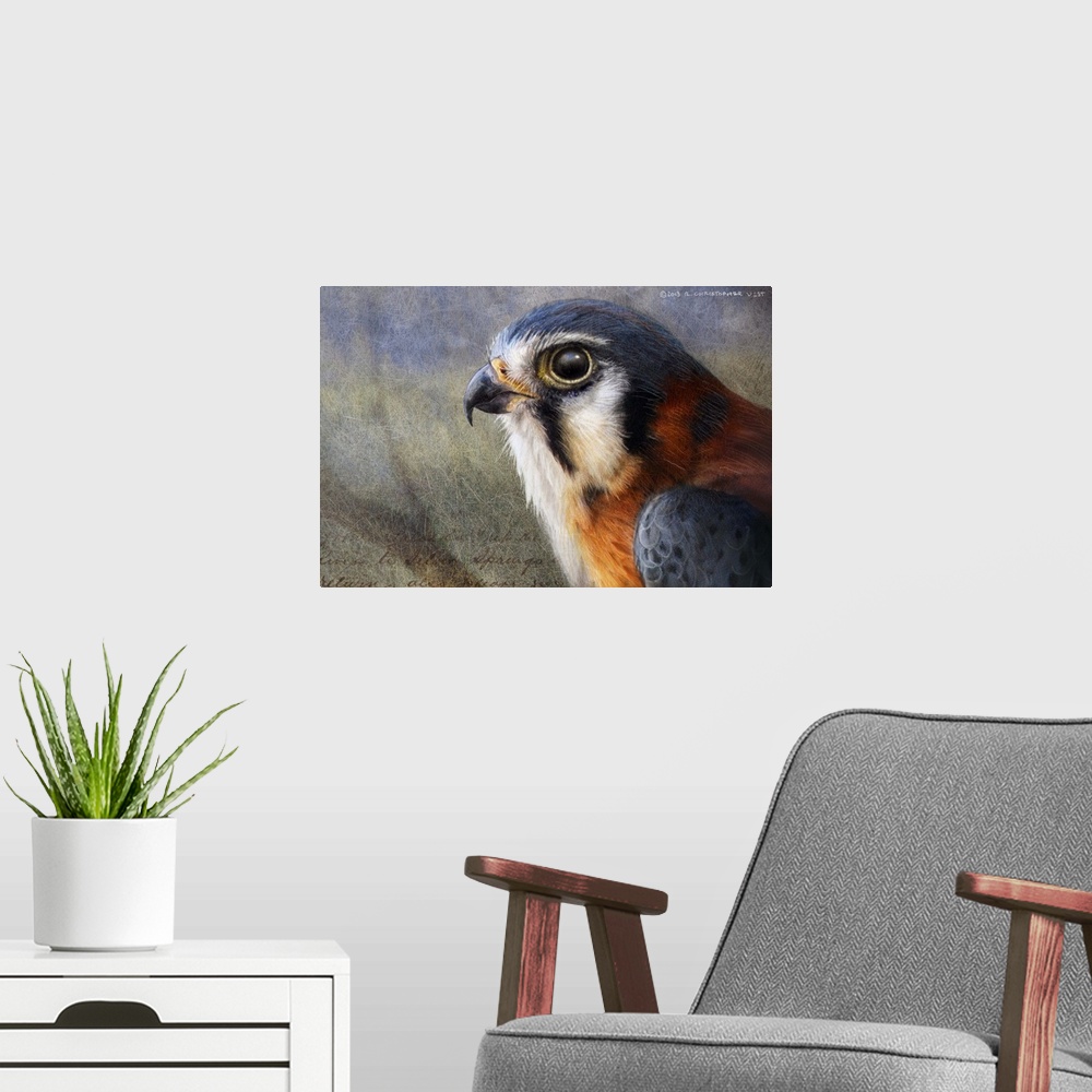 A modern room featuring Contemporary artwork of a portrait of a falcon.