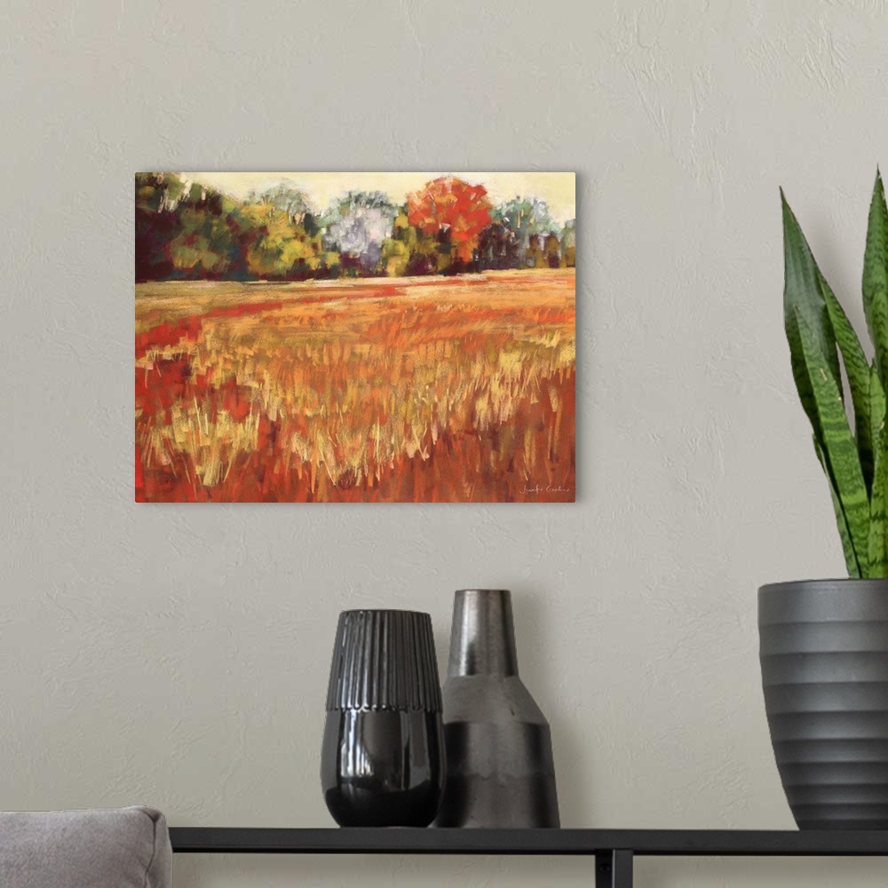 A modern room featuring Contemporary painting of golden field of grass in the countryside.