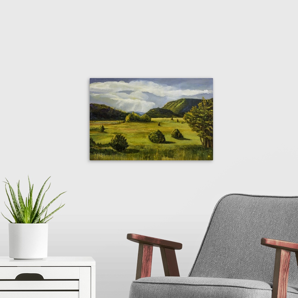 A modern room featuring Contemporary painting of an idyllic countryside landscape.