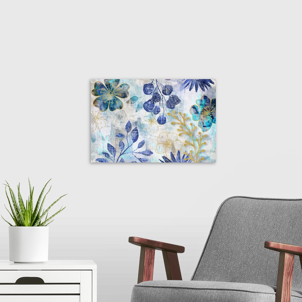 A modern room featuring Botanical mixed media art with blue turquoise flower and leaf shapes with golden line art.