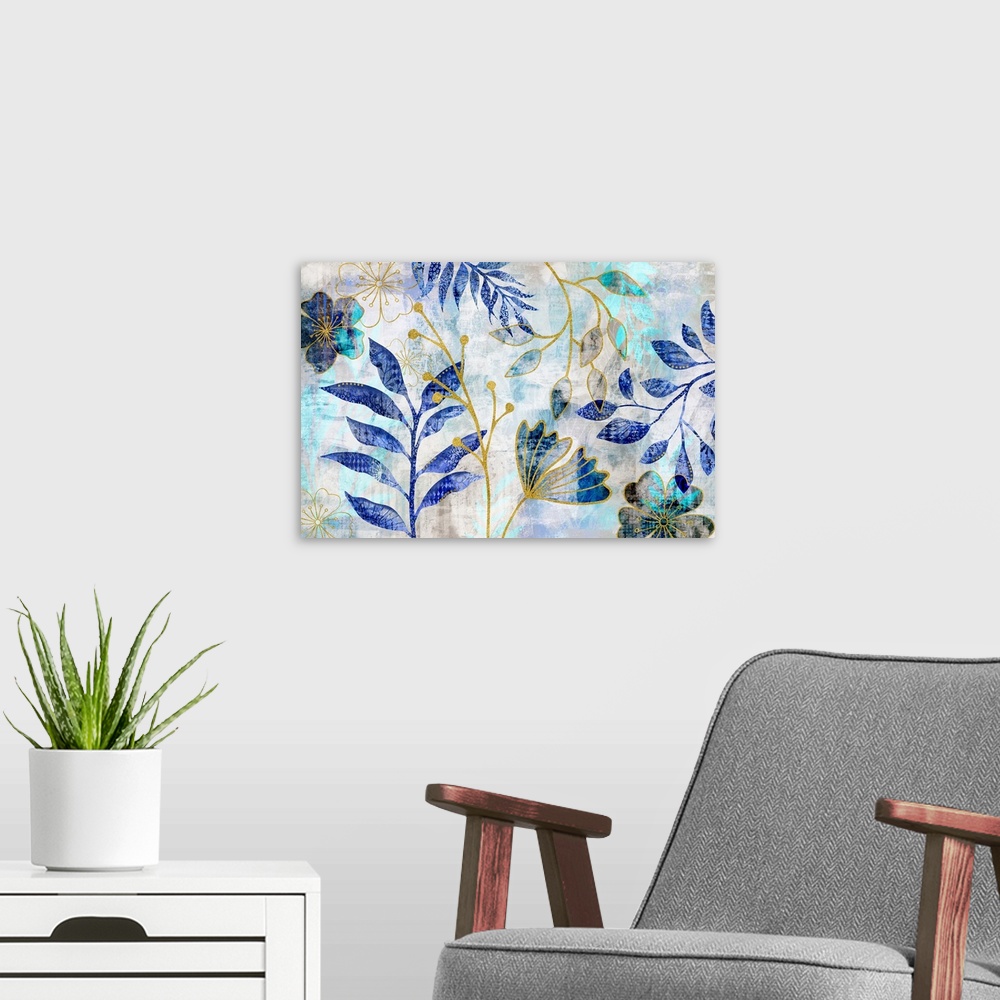 A modern room featuring Botanical mixed media art with blue turquoise flower and leaf shapes with golden line art.