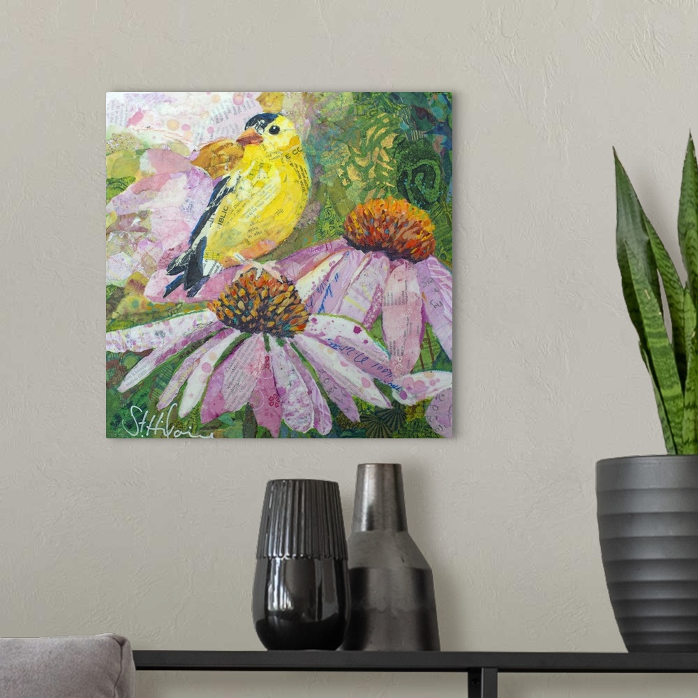 A modern room featuring American Goldfinch on coneflowers and echinacea flowers.
