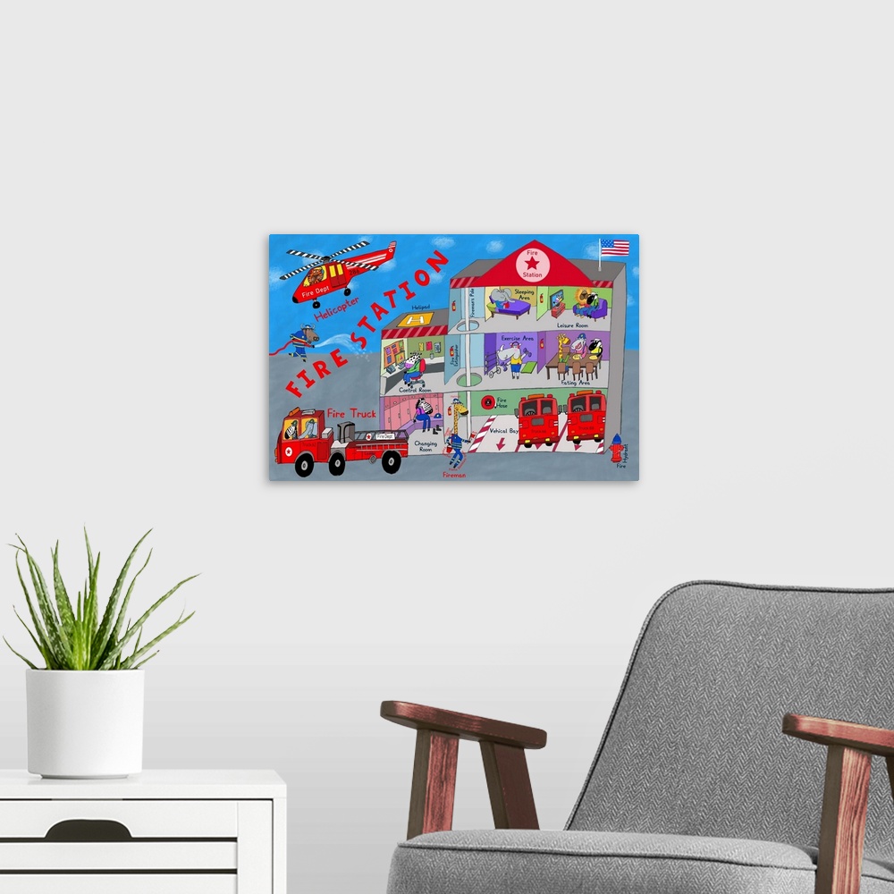 A modern room featuring Illustration of fire station and firemen at work. Created by artist Carla Daly.