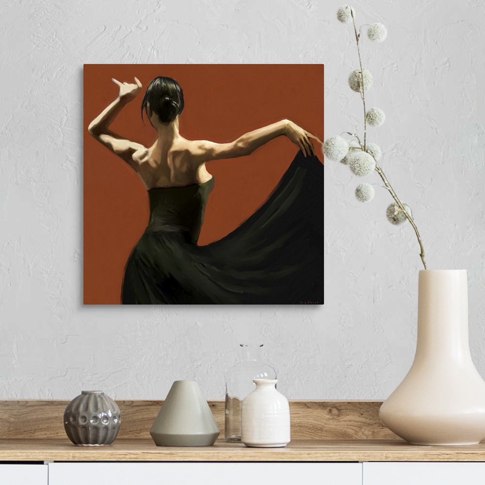A farmhouse room featuring Dramatic lighting on the shoulders of a female Flamenco dancer in a long black dress against deep...