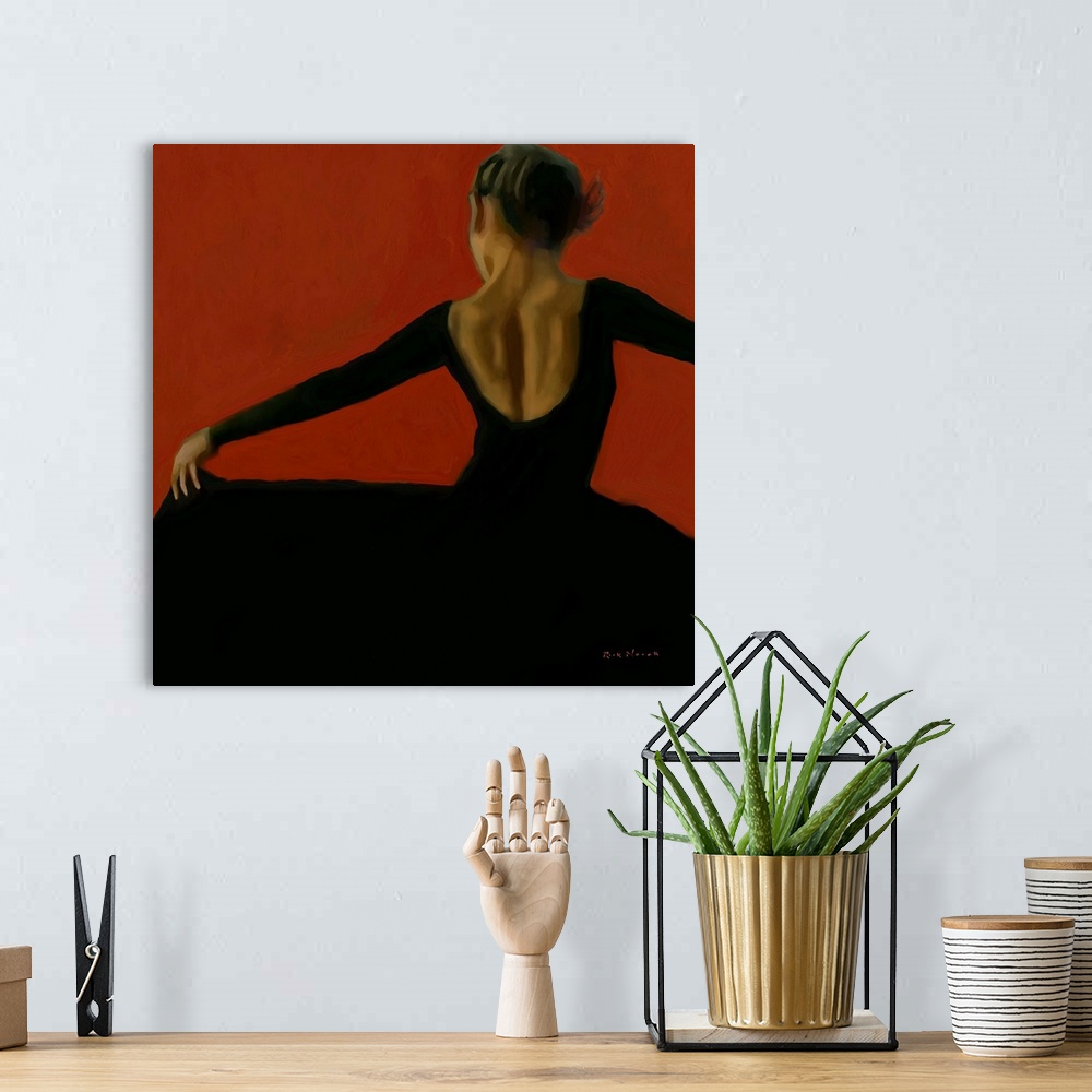 A bohemian room featuring A female Flamenco dancer in a long black dress spinning around against deep red.