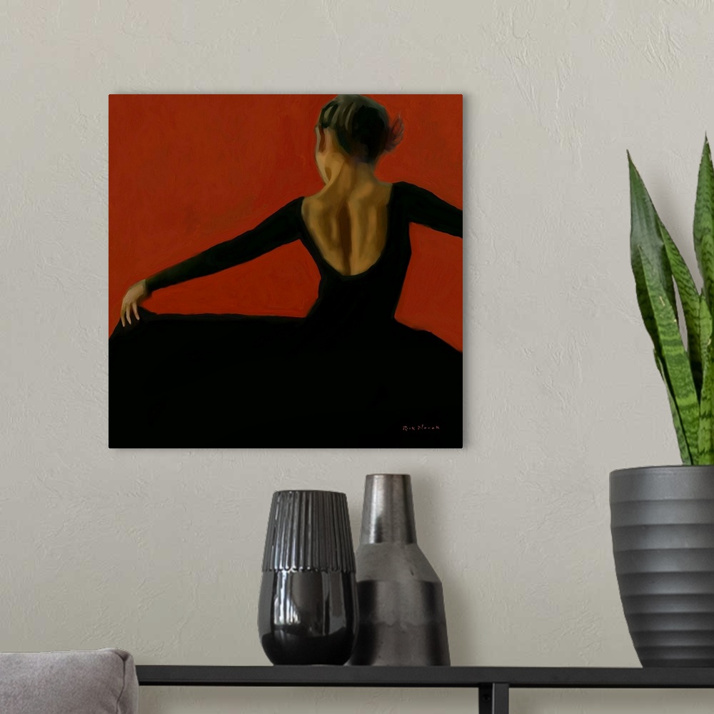 A modern room featuring A female Flamenco dancer in a long black dress spinning around against deep red.