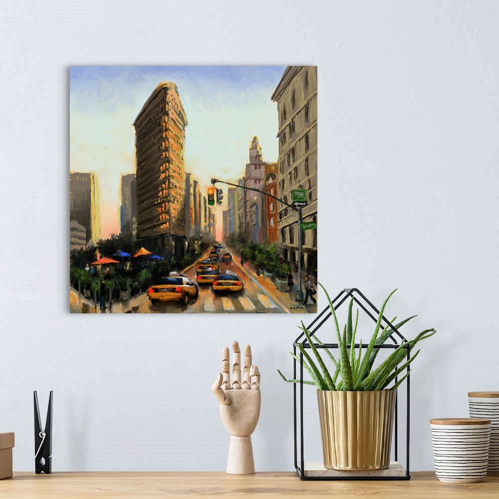 A bohemian room featuring Contemporary painting of taxis in the street near the Flatiron Building in New York City.