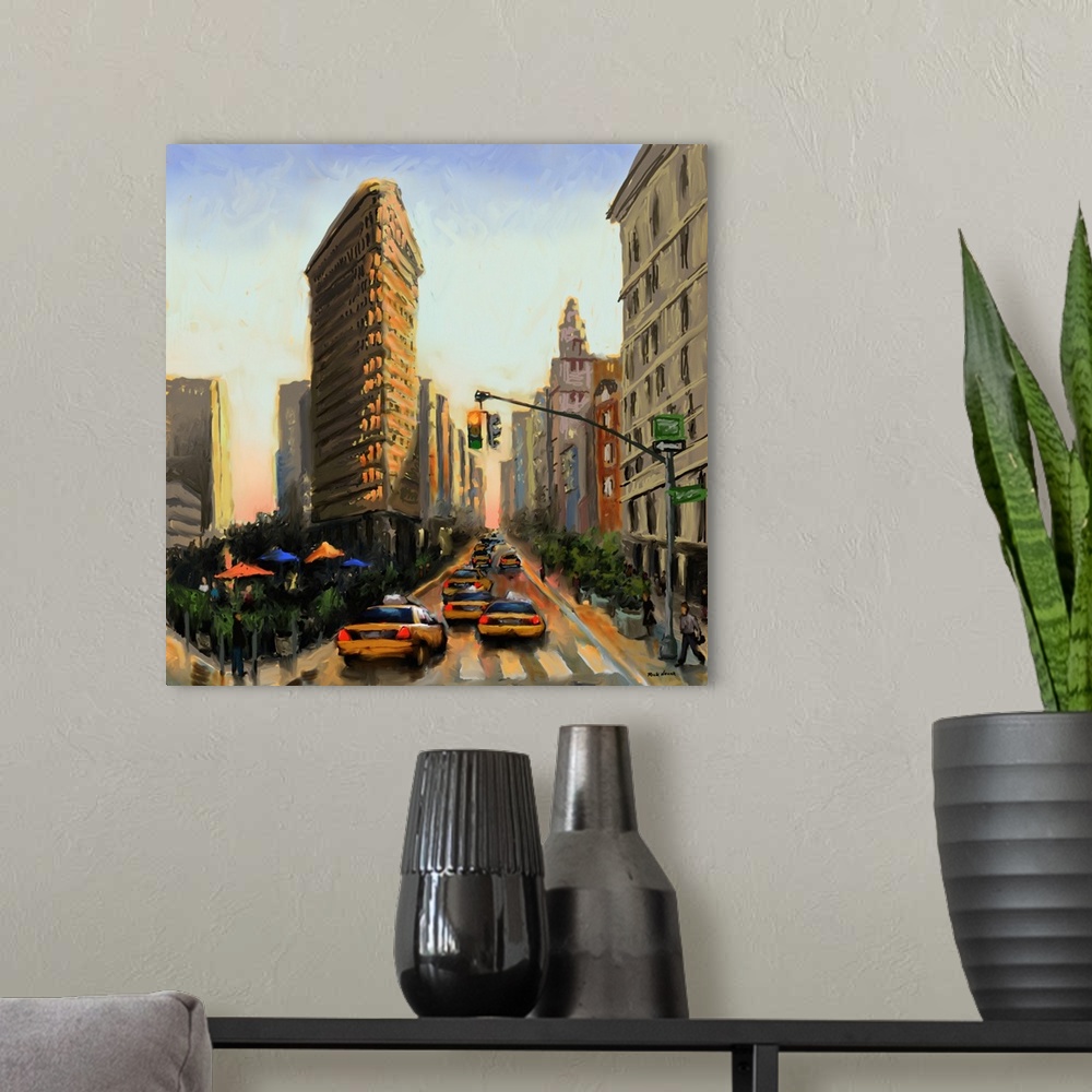 A modern room featuring Contemporary painting of taxis in the street near the Flatiron Building in New York City.