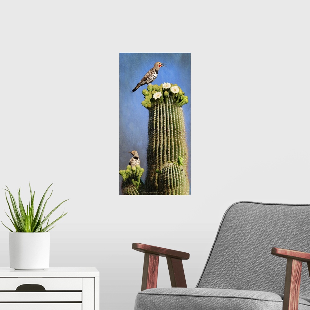 A modern room featuring Contemporary artwork of a flicker perched on a desert cactus.