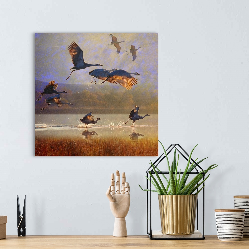 A bohemian room featuring Contemporary artwork of a flock of cranes taking to flight.
