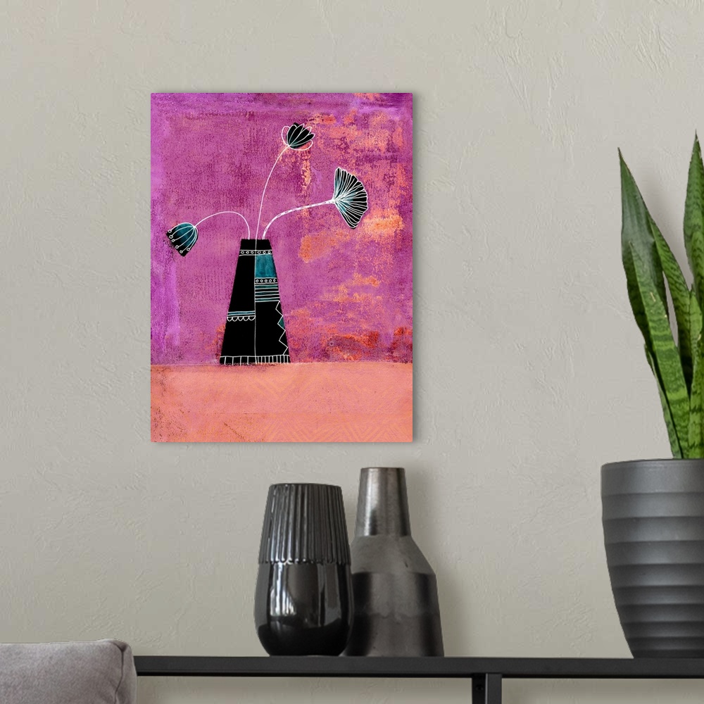 A modern room featuring Whimsical flowers in vase mixed media painting.