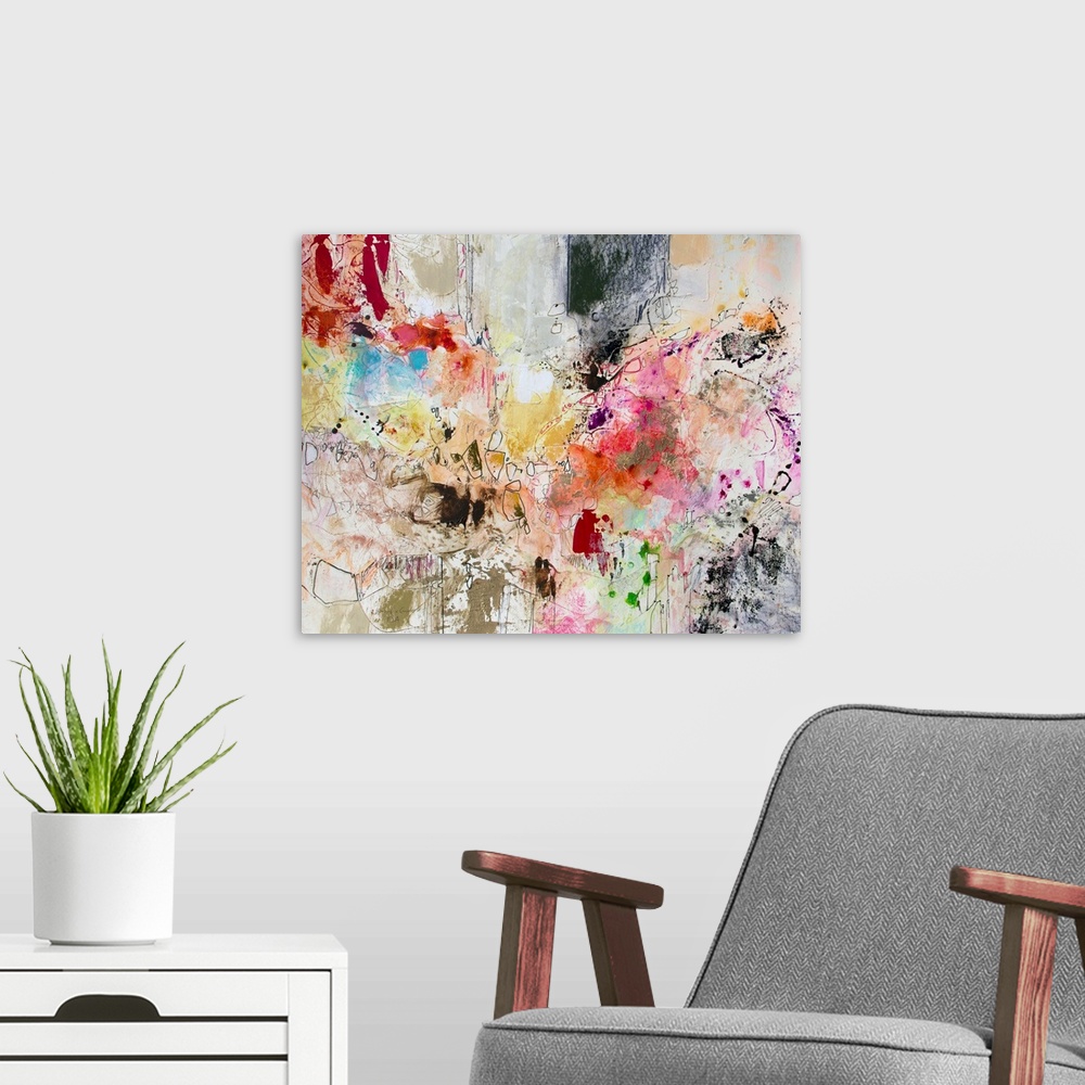 A modern room featuring Contemporary abstract art, originally in acrylic and watercolor, of splattered shapes in red, bla...