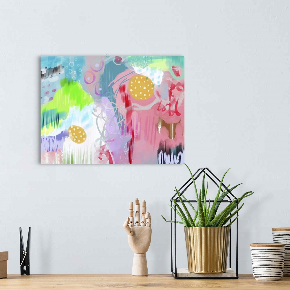 A bohemian room featuring Colorful abstract digital painting.