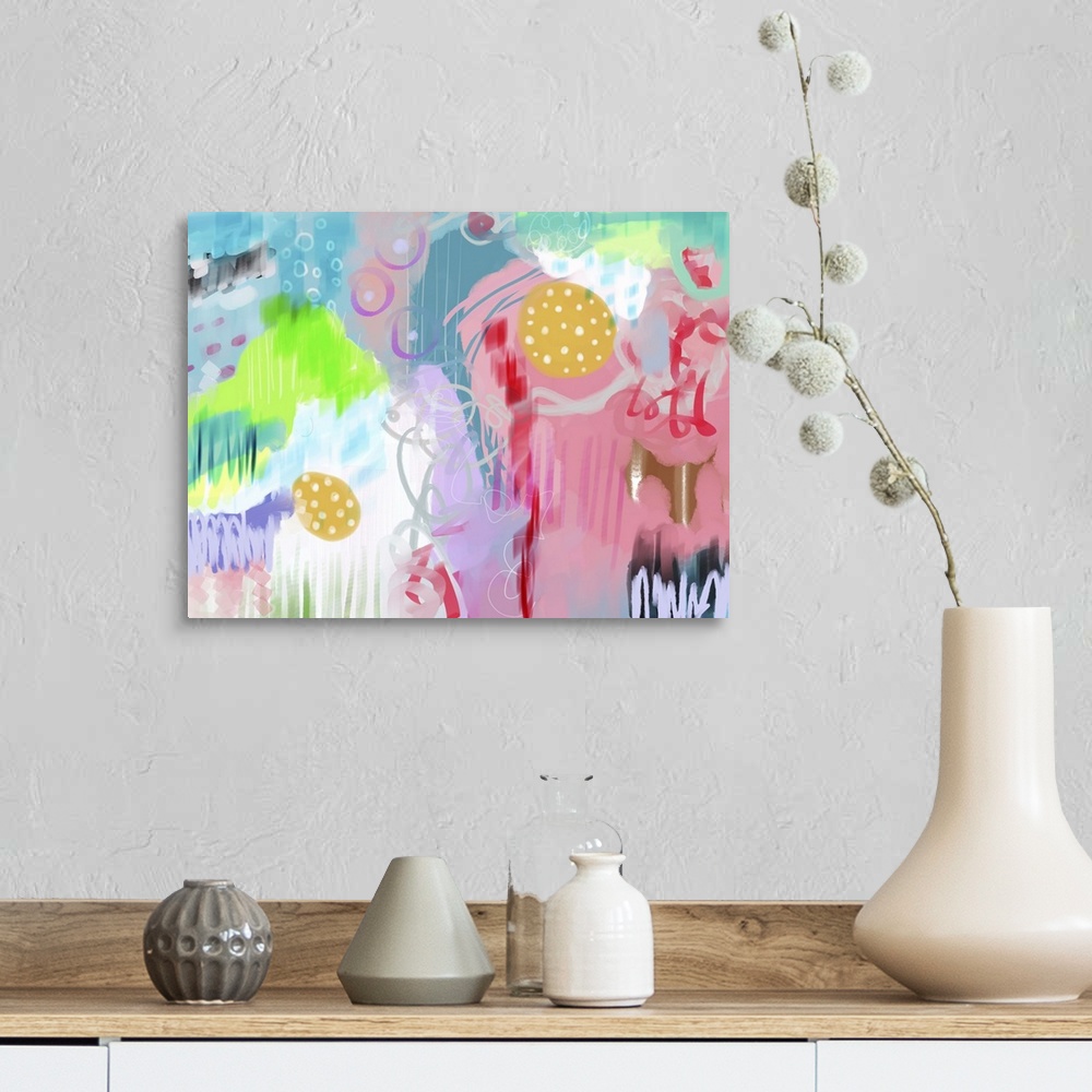 A farmhouse room featuring Colorful abstract digital painting.