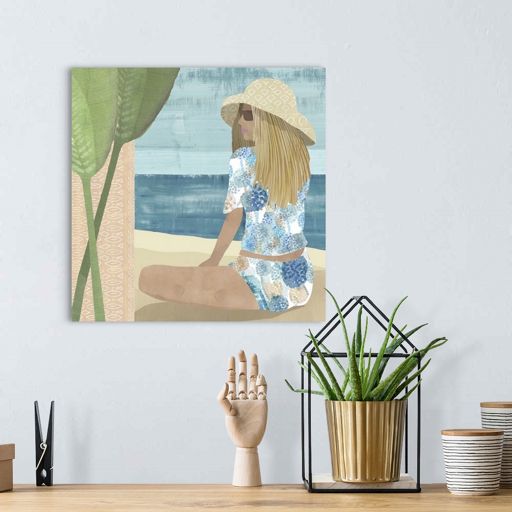 A bohemian room featuring Abstract figurative painting of blonde woman in sunhat and boho dress on the beach.