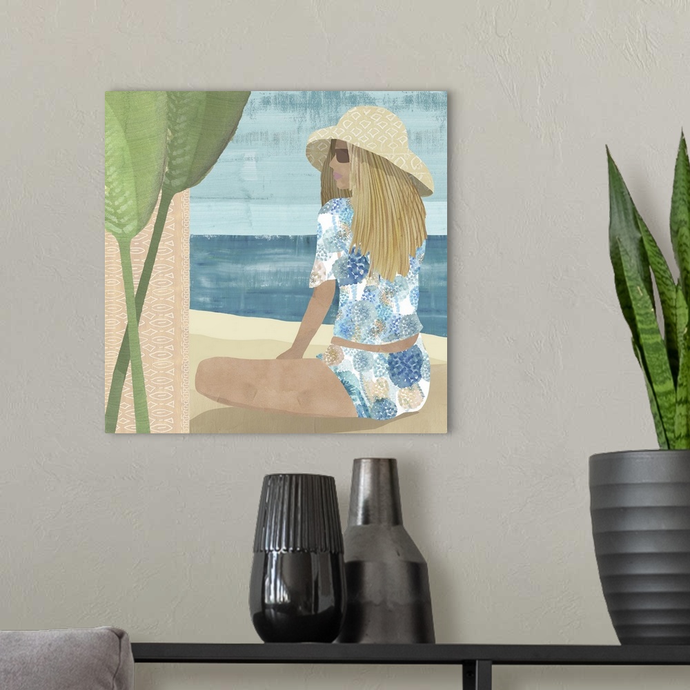 A modern room featuring Abstract figurative painting of blonde woman in sunhat and boho dress on the beach.