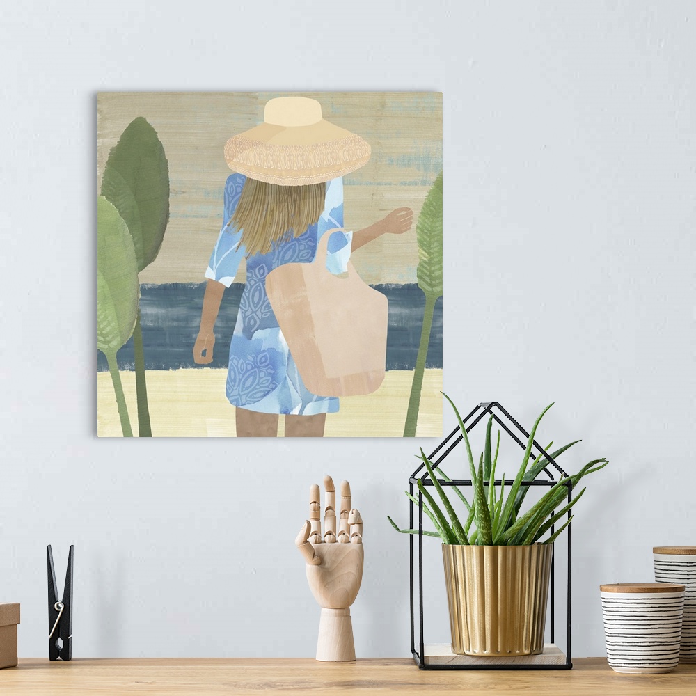A bohemian room featuring Abstract figurative painting of blonde woman in sunhat and boho dress on the beach.
