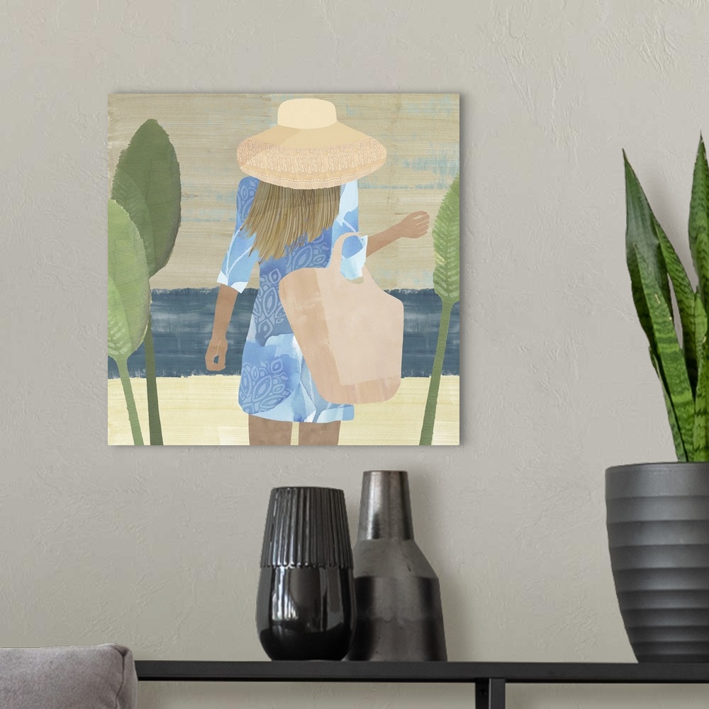 A modern room featuring Abstract figurative painting of blonde woman in sunhat and boho dress on the beach.